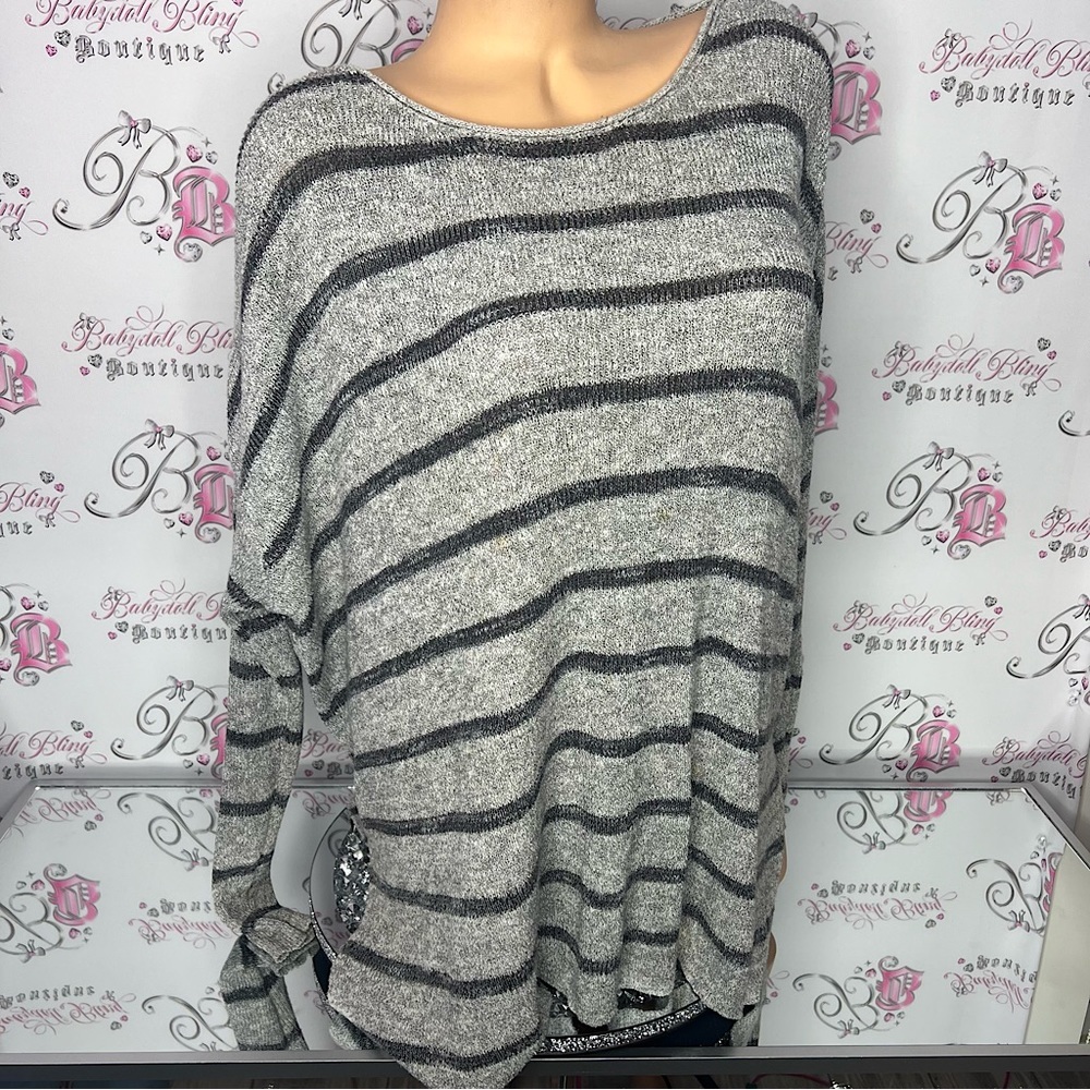Free people sweater top knitted striped grey black oversized comfy pull over